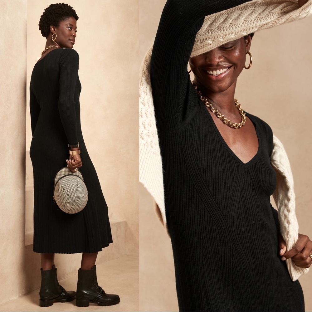 Banana Republic • Ribbed V-Neck Sweater Dress midi knit black cozy flare a-line - Picture 5 of 10